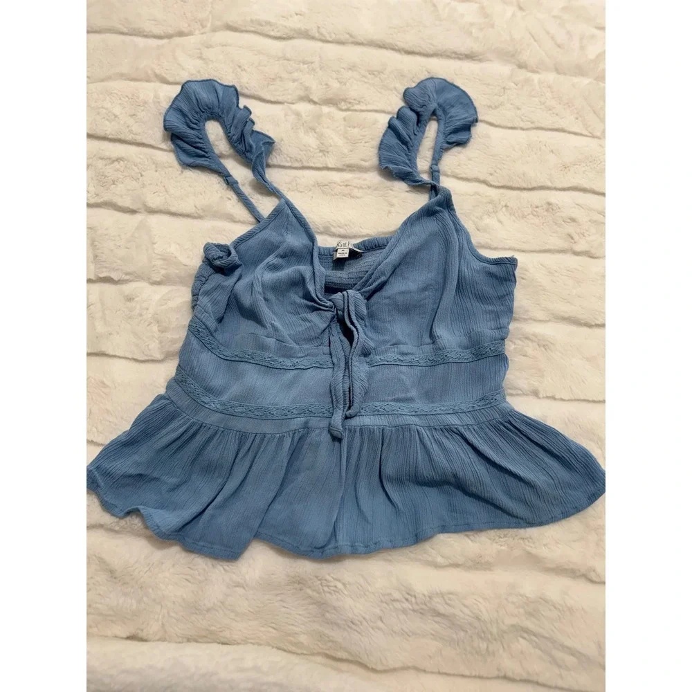 Patrons of Peace Blue Ruffle Strap Tie Front Peplum Tank Top M Boho Rayon Summer